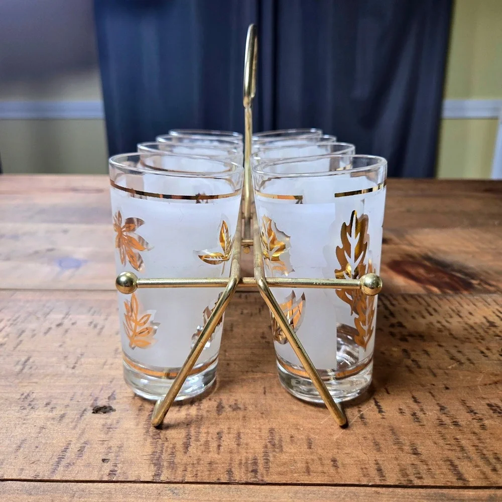 Vintage Libbey Golden Foliage Frosted Highball Glasses Set of 8 Brass Caddy MCM
